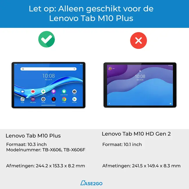 Case2go - Tablet Screenprotector geschikt voor Lenovo Tab M10 Plus - 2de generatie - Tempered Glass - Case Friendly - Transparant