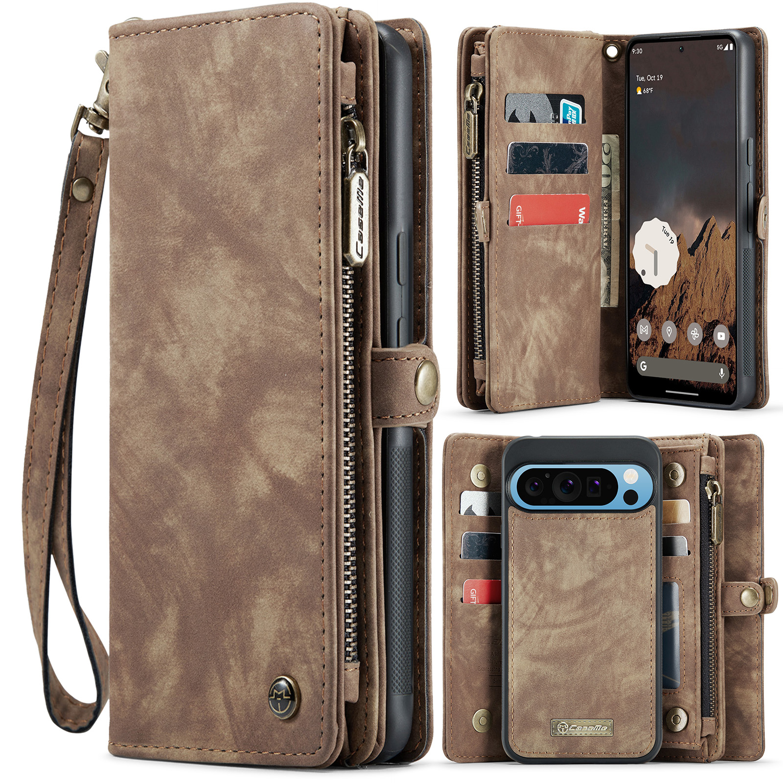 CaseMe - Telefoonhoesje geschikt voor Google Pixel 9 Pro XL - 2 in 1 Book Case en Back Cover - Bruin afbeelding