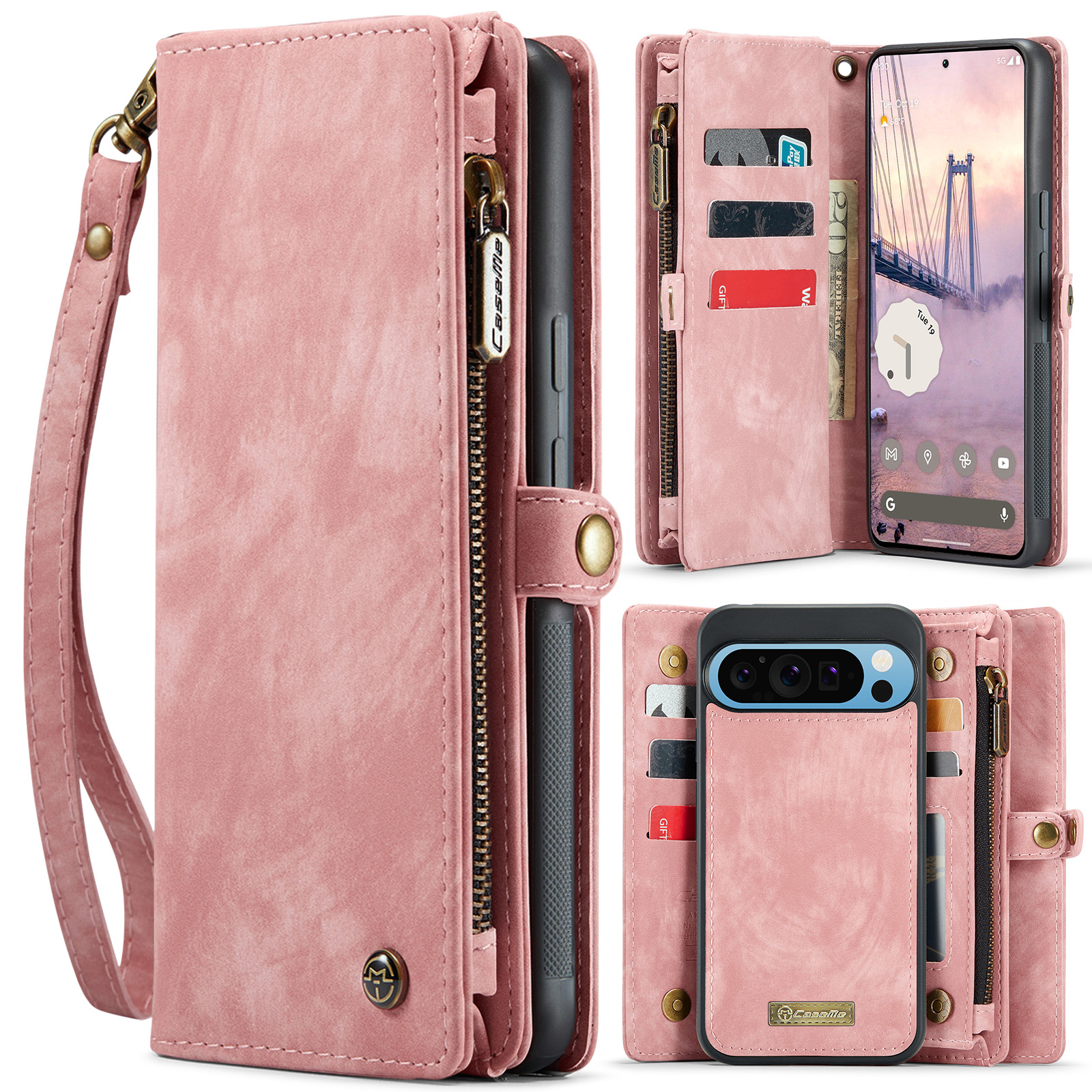 CaseMe - Telefoonhoesje geschikt voor Google Pixel 9 Pro XL - 2 in 1 Book Case en Back Cover - Lichtroze afbeelding