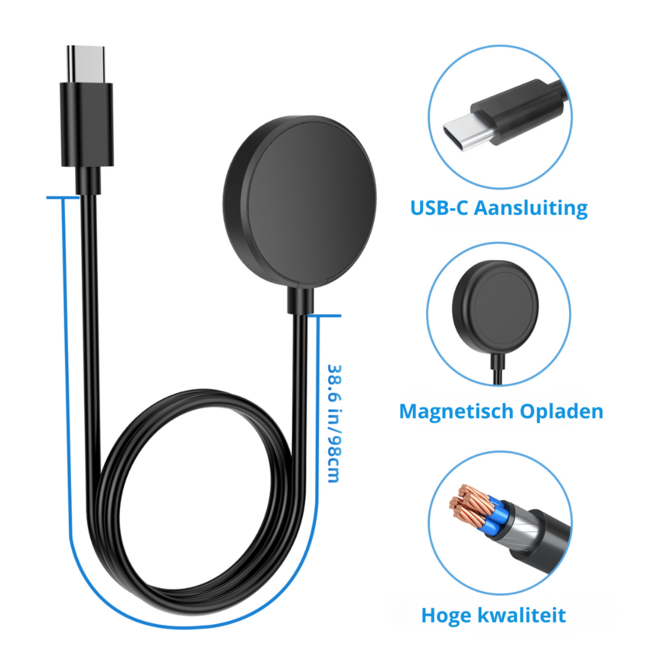 Oplaadkabel geschikt voor Samsung Galaxy Watch FE / Galaxy Watch 8 / Galaxy Watch 8 Classic / Galaxy Watch 7 / Galaxy Watch 6 / 6 Classic / Galaxy Watch 5 / 5 Pro / Galaxy Watch 4 / 4 Classic / Galaxy Watch 3 / Galaxy Watch Active / Active 2 / Galaxy Watc