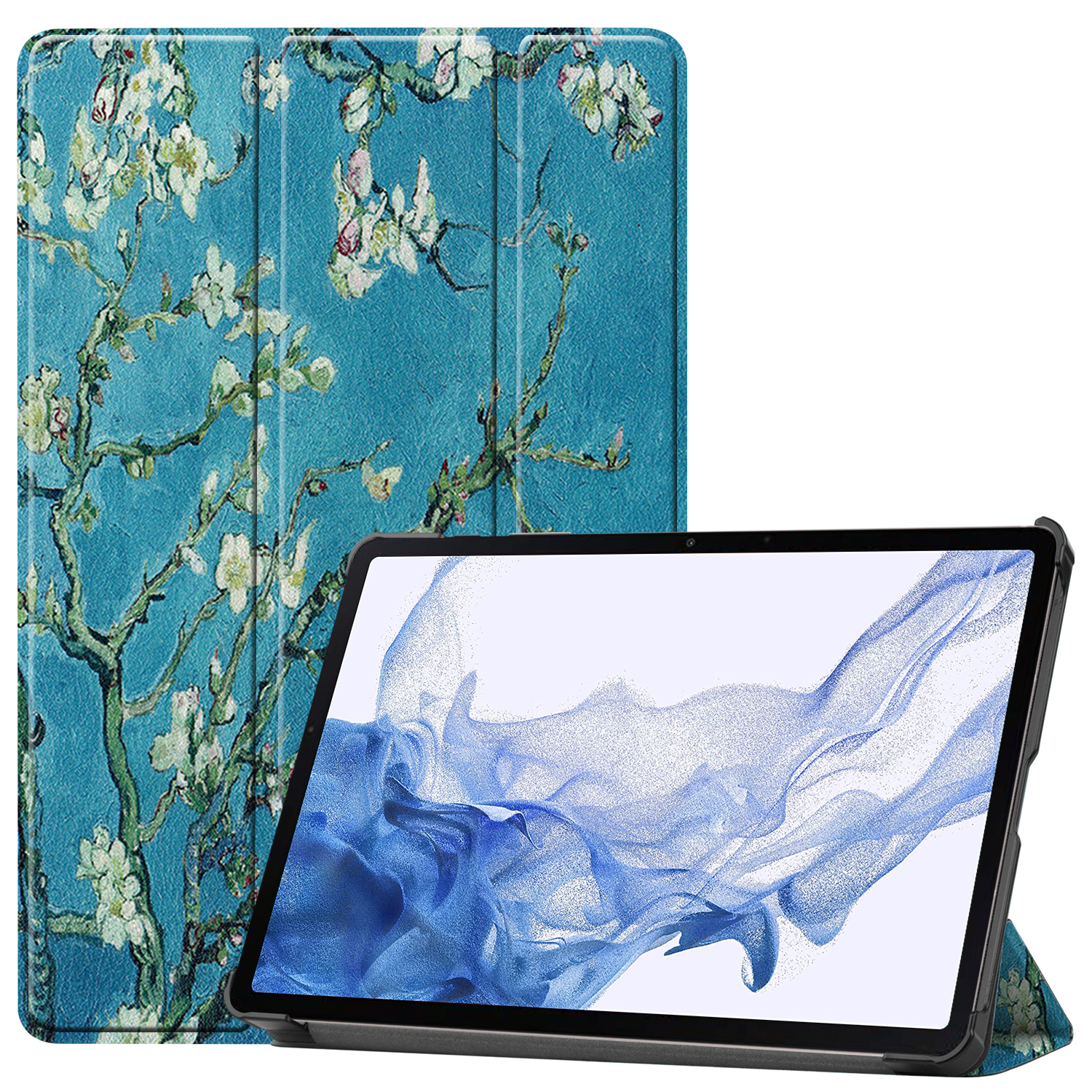 Case2go - Tablet hoes geschikt voor Samsung Galaxy Tab S10 Plus - 12.4 Inch - Tri-Fold Book Case - Witte Bloesem afbeelding