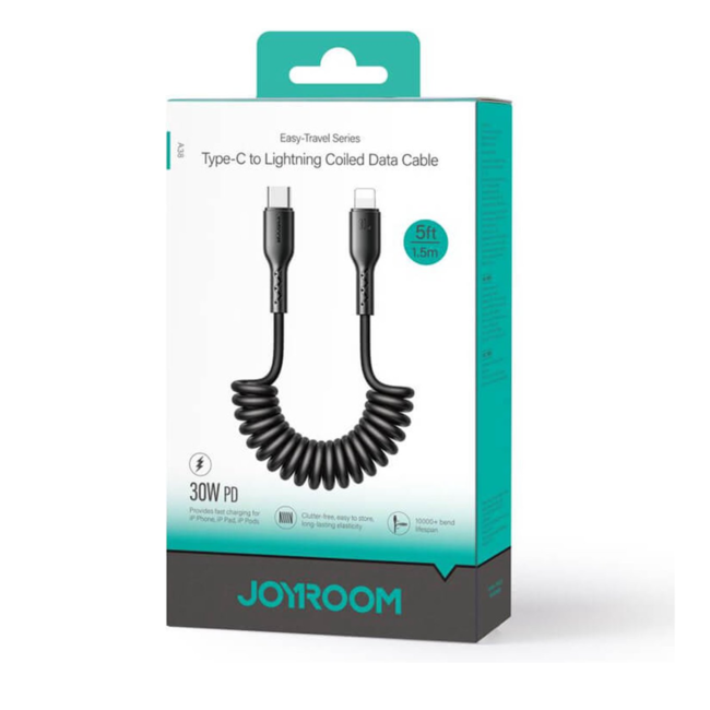 Joyroom - USB-C naar lightning Kabel - Krulsnoer - Uitrekbare oplaadkabel - Universele oplaadkabel - 1.5 M - 30W - Zwart