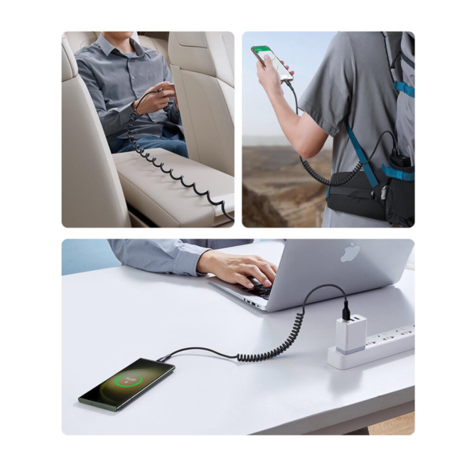 Joyroom - USB-C naar lightning Kabel - Krulsnoer - Uitrekbare oplaadkabel - Universele oplaadkabel - 1.5 M - 30W - Zwart