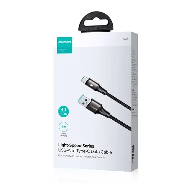 Joyroom - Light-Speed Series - USB-A naar USB-C kabel - Nylon - 3A Snellader - 1,2 Meter - Zwart
