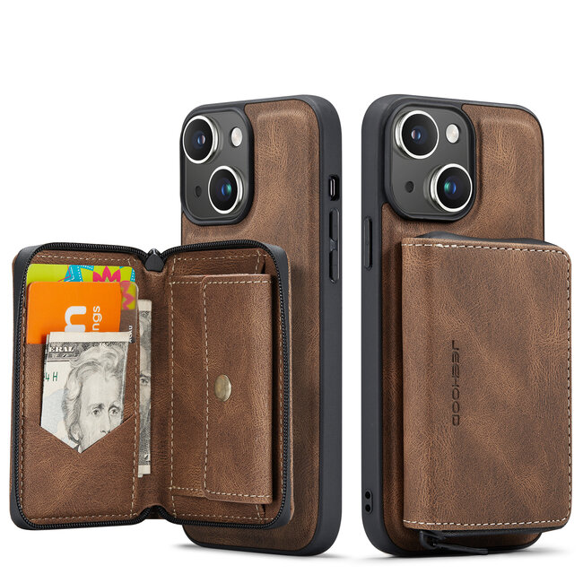 CaseMe - Telefoonhoesje geschikt voor Apple iPhone 15 Met Magnetische Pasjeshouder - Back Cover -  Bruin