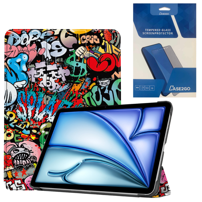 Case2go - Tablet hoes met screenprotector geschikt voor Apple iPad Air (2024) - 11 Inch - Tri-fold hoes - Auto/Wake functie - Graffitti