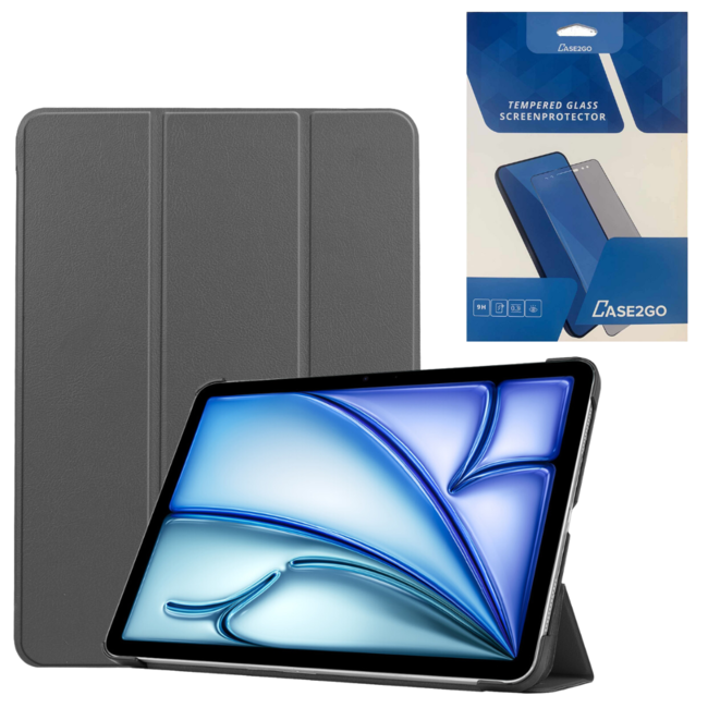 Case2go - Tablet hoes met screenprotector geschikt voor Apple iPad Air (2024) - 11 Inch - Tri-fold hoes - Auto/Wake functie - Grijs
