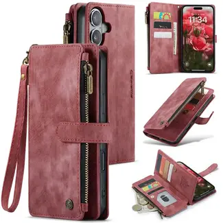 CaseMe CaseMe - Hoesje geschikt voor Apple iPhone 16 Plus - Vintage Wallet Book Case Ritssluiting - Met Magneetsluiting - Rood