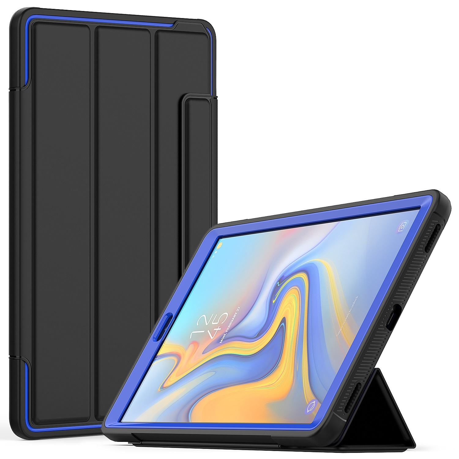 Tablet Hoes geschikt voor Tablet Hoes geschikt voor Samsung Galaxy Tab A 10.1 2019 - Tri-Fold Book Case met Transparante Back Cover en Pencil Houder - Blauw/Zwart afbeelding
