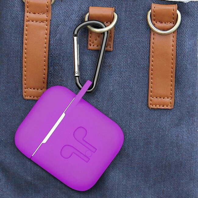 Case2go - Hoesje geschikt voor Apple Airpods - Siliconen Airpods Hoes met Karabijnhaak - Case voor Airpods 1/2 - Paars