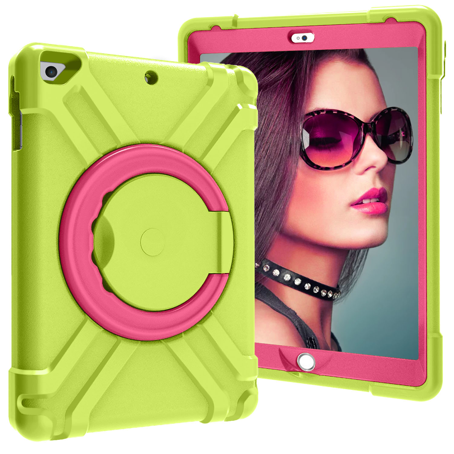 Tablet hoes geschikt voor iPad 9.7 (2017/2018) - Rotating Heavy Duty Stand Case - Groen/Magenta afbeelding