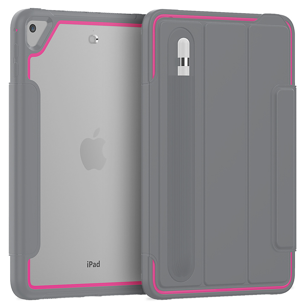 Tablet hoes geschikt voor Apple iPad Mini 7.9 (2019) - Tri-Fold Book Case met Transparante Back Cover en Pencil Houder - Roze/Grijs afbeelding