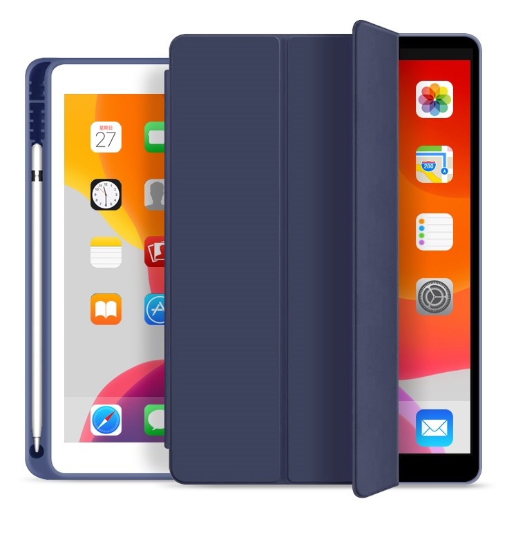 Tablet hoes geschikt voor iPad 10.2 2019 / 2020 / 2021  - Tri-Fold Book Case - Smart Folio cover met Pencil houder - Blauw afbeelding