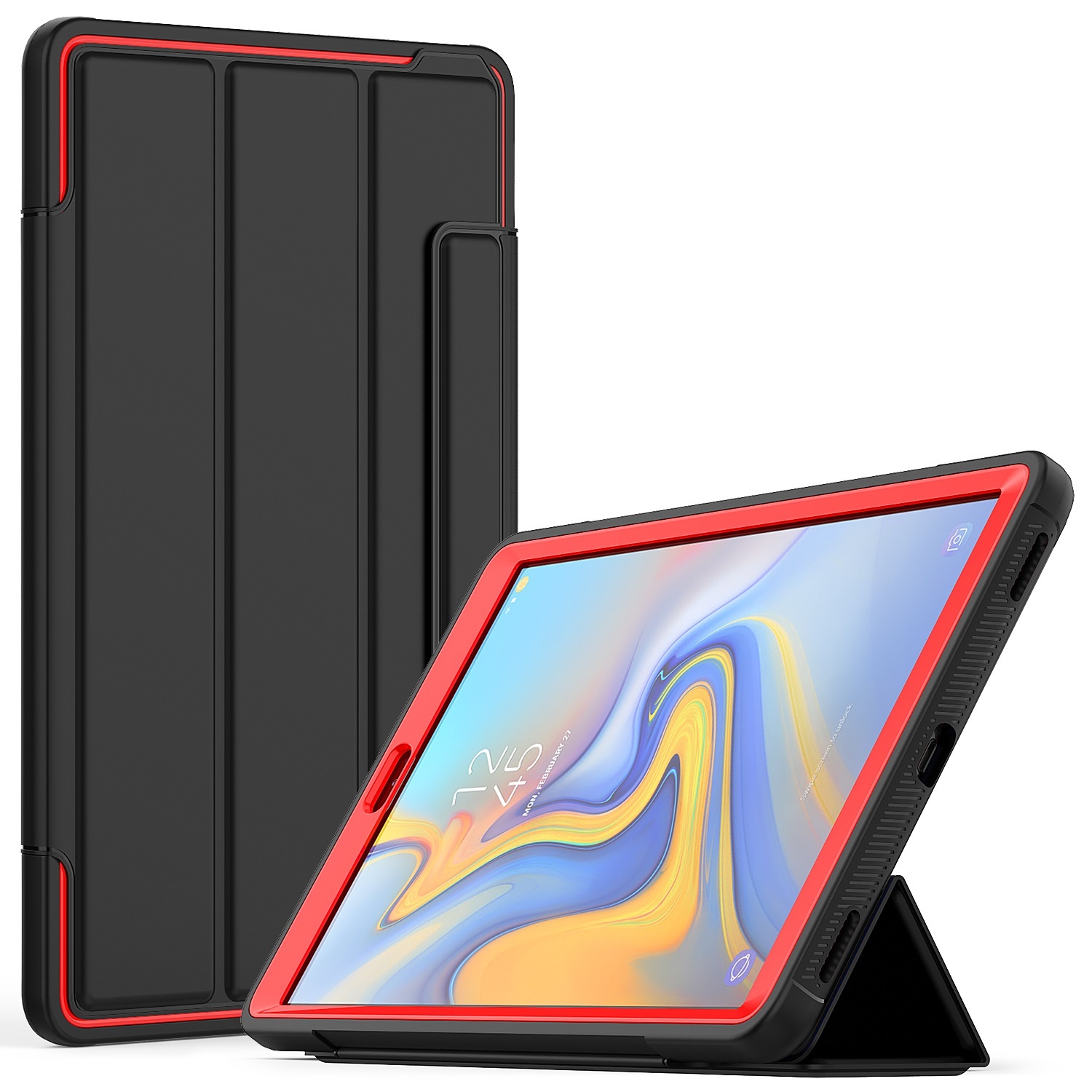 Tablet Hoes geschikt voor Tablet Hoes geschikt voor Samsung Galaxy Tab A 10.1 2019 - Tri-Fold Book Case met Transparante Back Cover en Pencil Houder - Rood/Zwart afbeelding