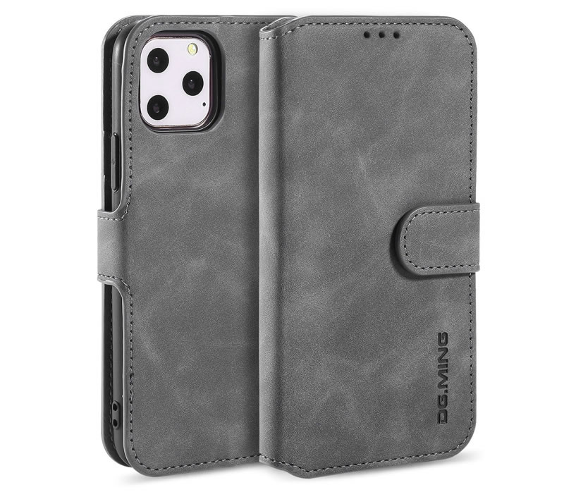 CaseMe - Hoesje geschikt voor iPhone 11 Pro - Met Magnetische Sluiting - Ming Serie - Leren Book Case - Grijs afbeelding