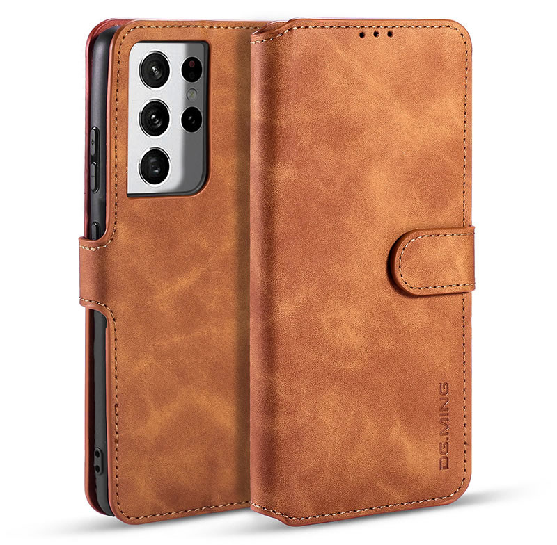 caseme - Hoesje geschikt voor Samsung Galaxy S21 Ultra - met magnetische sluiting - ming serie - leren book case - licht bruin afbeelding