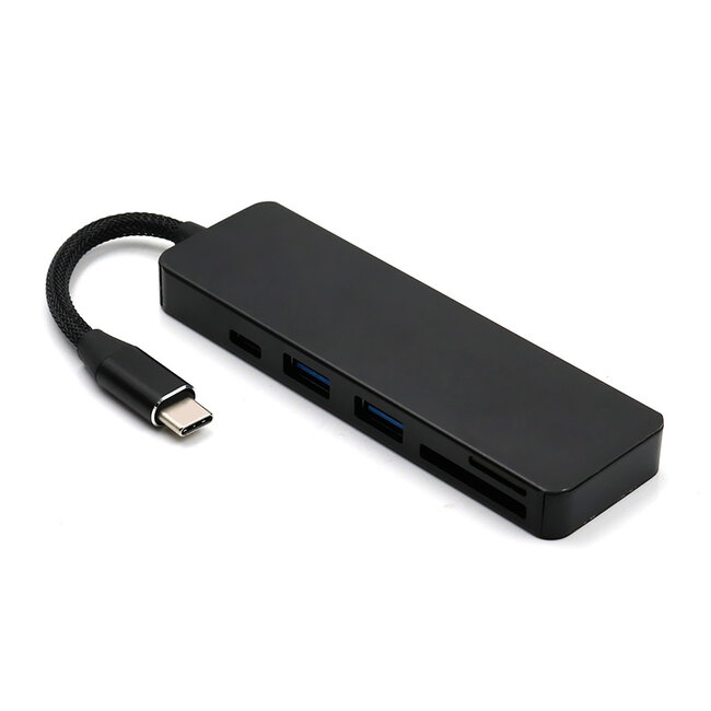USB Splitter & SD Kaartlezer - USB Hub 3.0 - 2 Poorten - USB-C aansluiting - Aluminium - Zwart