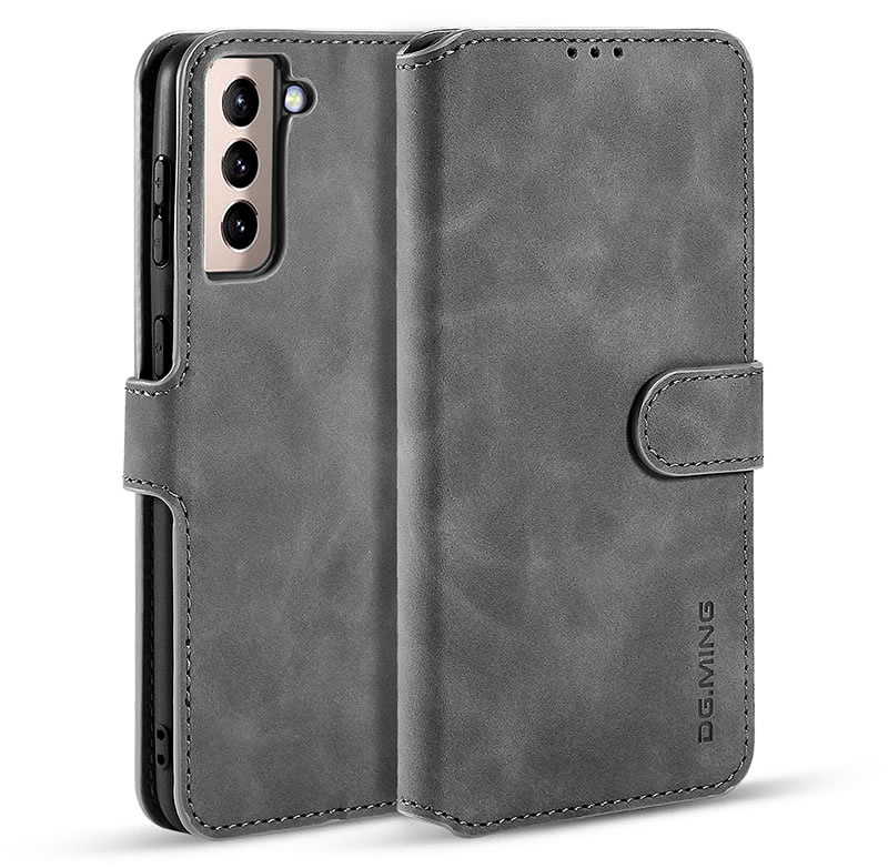 caseme - Hoesje geschikt voor Samsung Galaxy S21 Plus - met magnetische sluiting - ming serie - leren book case - grijs afbeelding