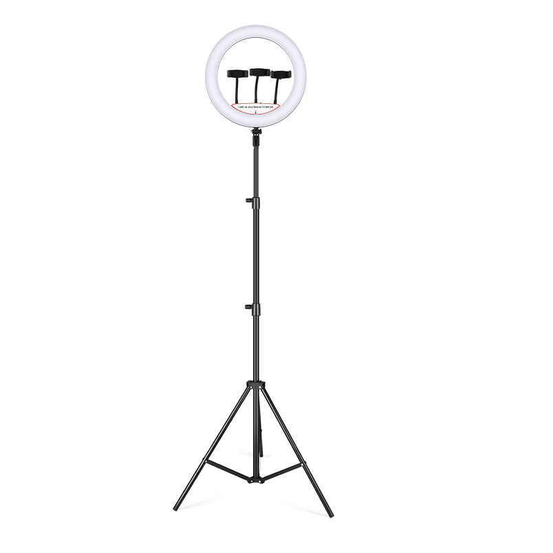 Ringlamp met Statief voor 3 Smartphones - Draaibare Ringlight met Statief 14 inch / 36 cm - Dimbare Ringlamp - In Hoogte Verstelbare Ring Lamp tot 200 cm afbeelding