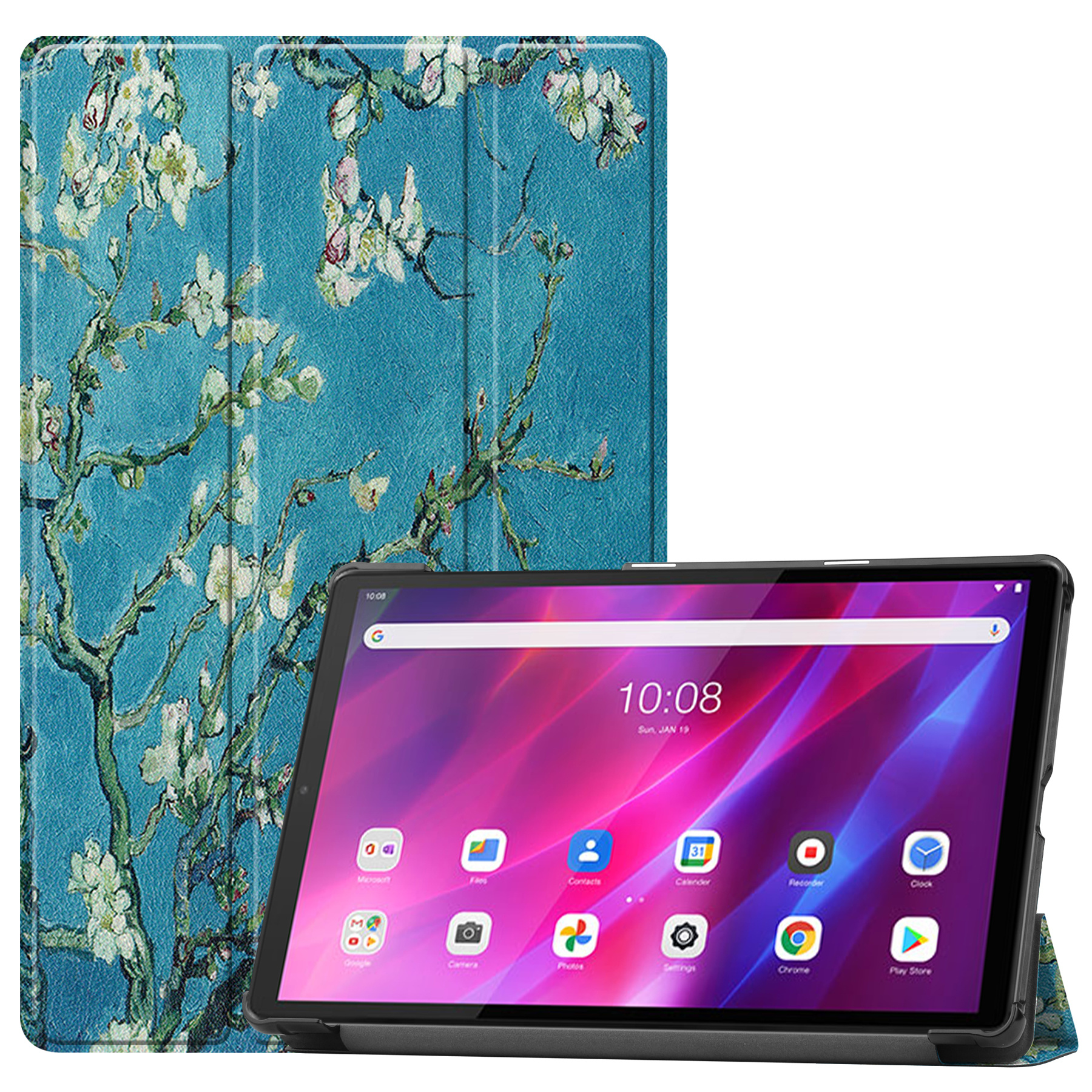 Tablet hoes geschikt voor Lenovo Tab K10 (10.3 Inch) - Tri-Fold Book Case - Witte Bloesem afbeelding