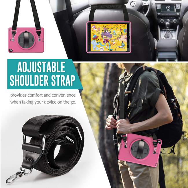 Tablet hoes geschikt voor iPad 10.2 inch 2019 / 2020 / 2021 - Hand Strap Armor - Rugged Case met schouderband - Magenta