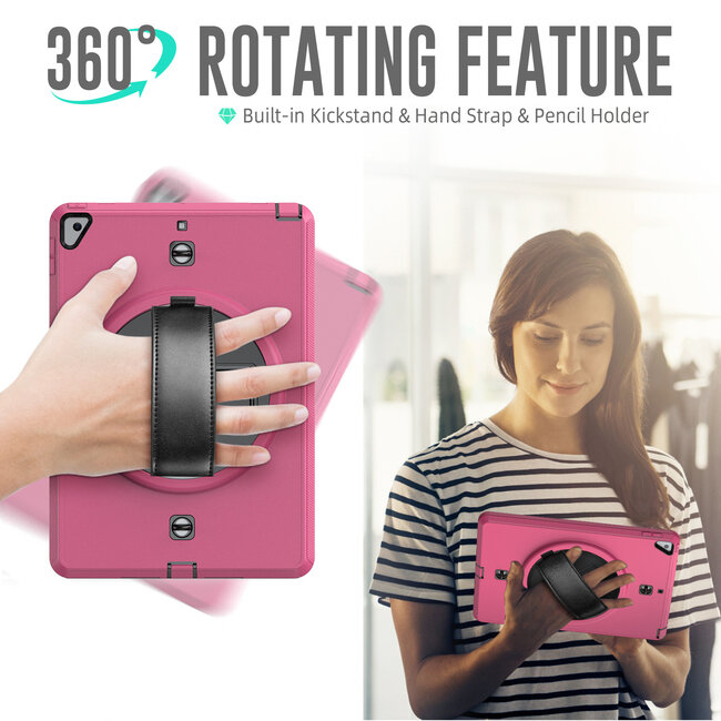 Tablet hoes geschikt voor iPad 10.2 inch 2019 / 2020 / 2021 - Hand Strap Armor - Rugged Case met schouderband - Magenta