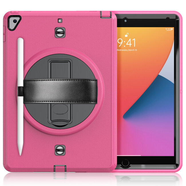 Tablet hoes geschikt voor iPad 10.2 inch 2019 / 2020 / 2021 - Hand Strap Armor - Rugged Case met schouderband - Magenta