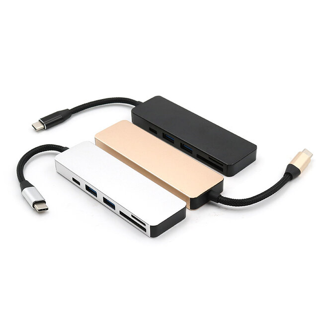 USB Splitter & SD Kaartlezer - USB Hub 3.0 - 2 Poorten - USB-C aansluiting - Aluminium - Zilver