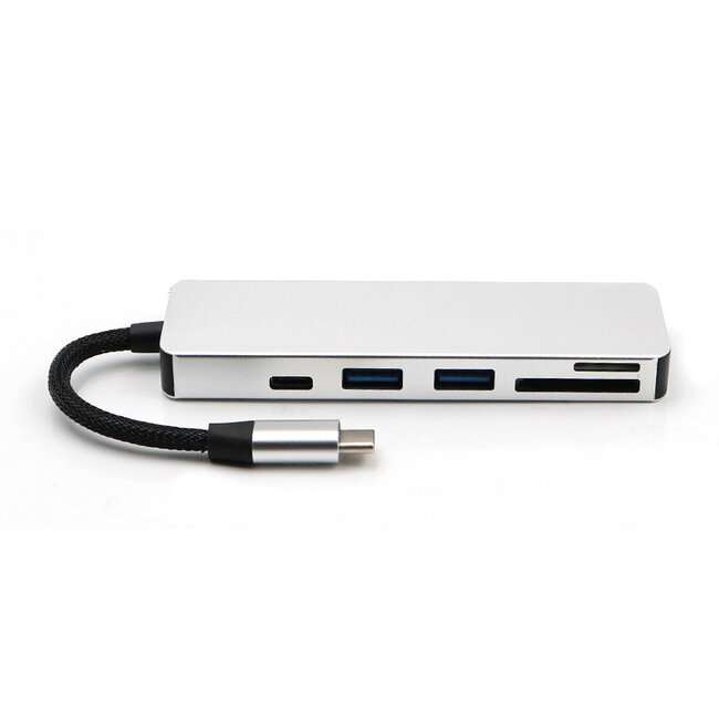USB Splitter & SD Kaartlezer - USB Hub 3.0 - 2 Poorten - USB-C aansluiting - Aluminium - Zilver