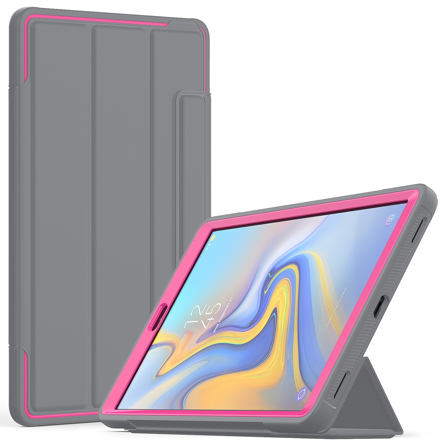 Tablet Hoes geschikt voor Tablet Hoes geschikt voor Samsung Galaxy Tab A 10.1 2019 - Tri-Fold Book Case met Transparante Back Cover en Pencil Houder - Roze/Grijs afbeelding