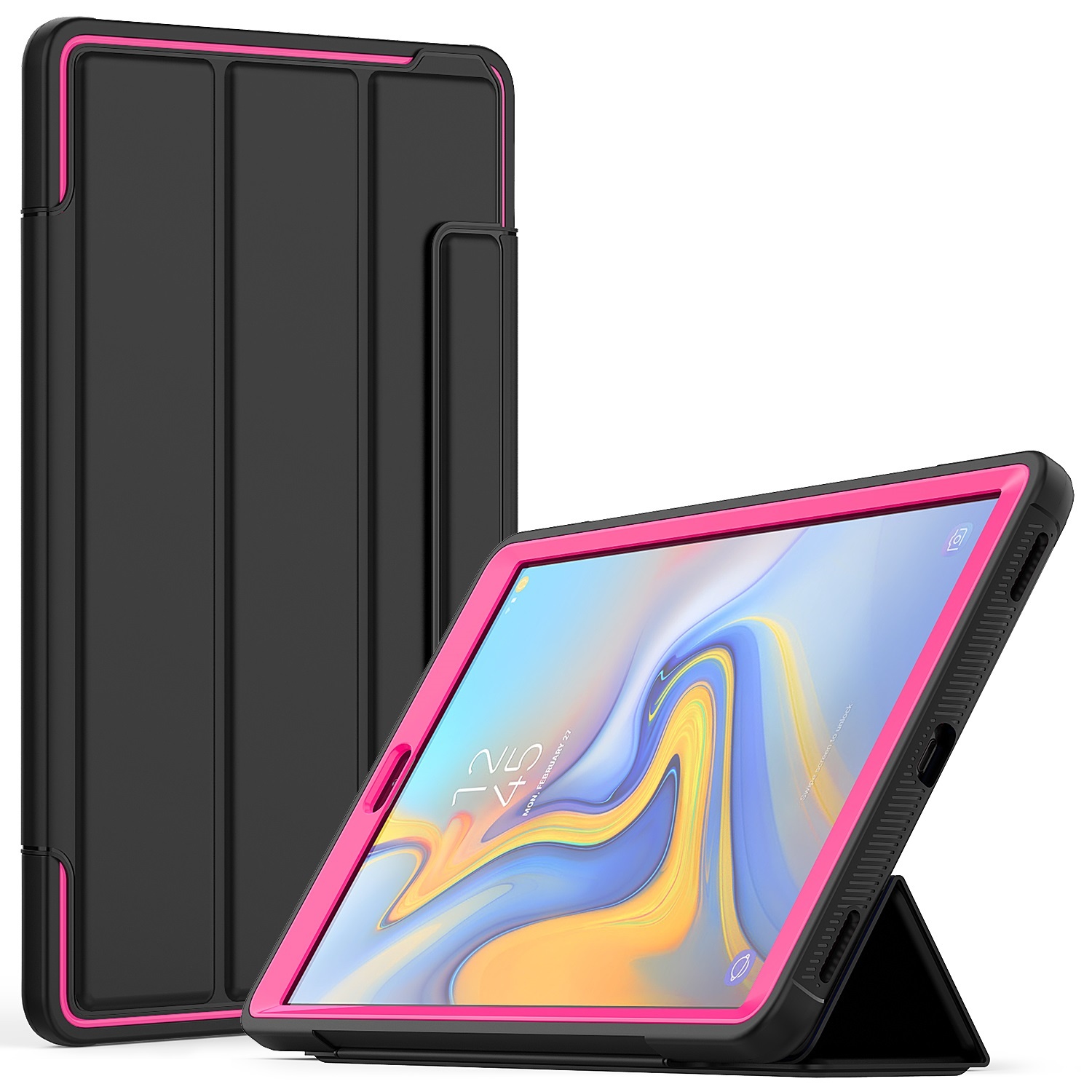 Tablet Hoes geschikt voor Tablet Hoes geschikt voor Samsung Galaxy Tab A 10.1 2019 - Tri-Fold Book Case met Transparante Back Cover en Pencil Houder - Roze/Zwart afbeelding