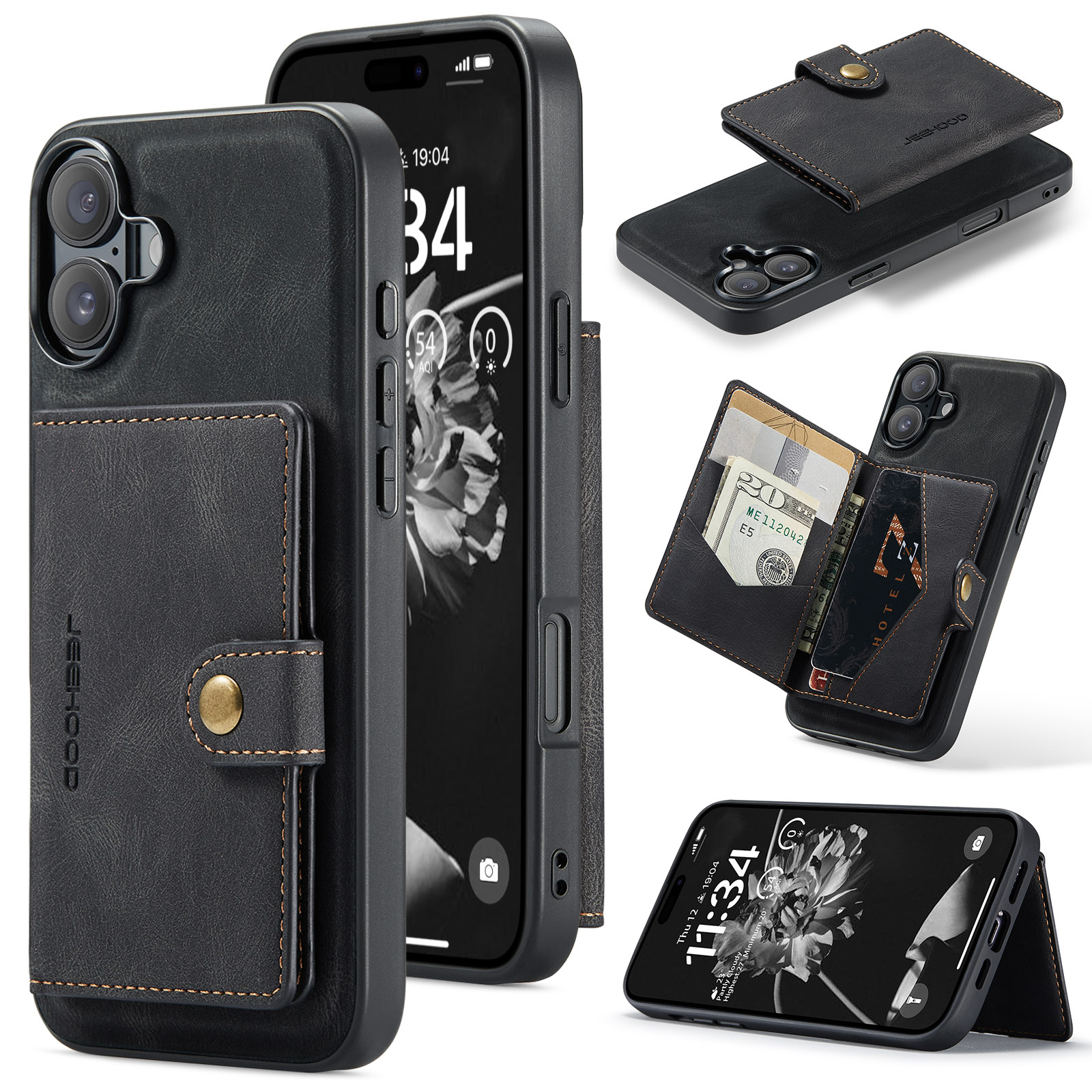 CaseMe - Telefoonhoesje geschikt voor Apple iPhone 16 Plus - Back Cover - Met Magnetische Pasjeshouder - Zwart afbeelding