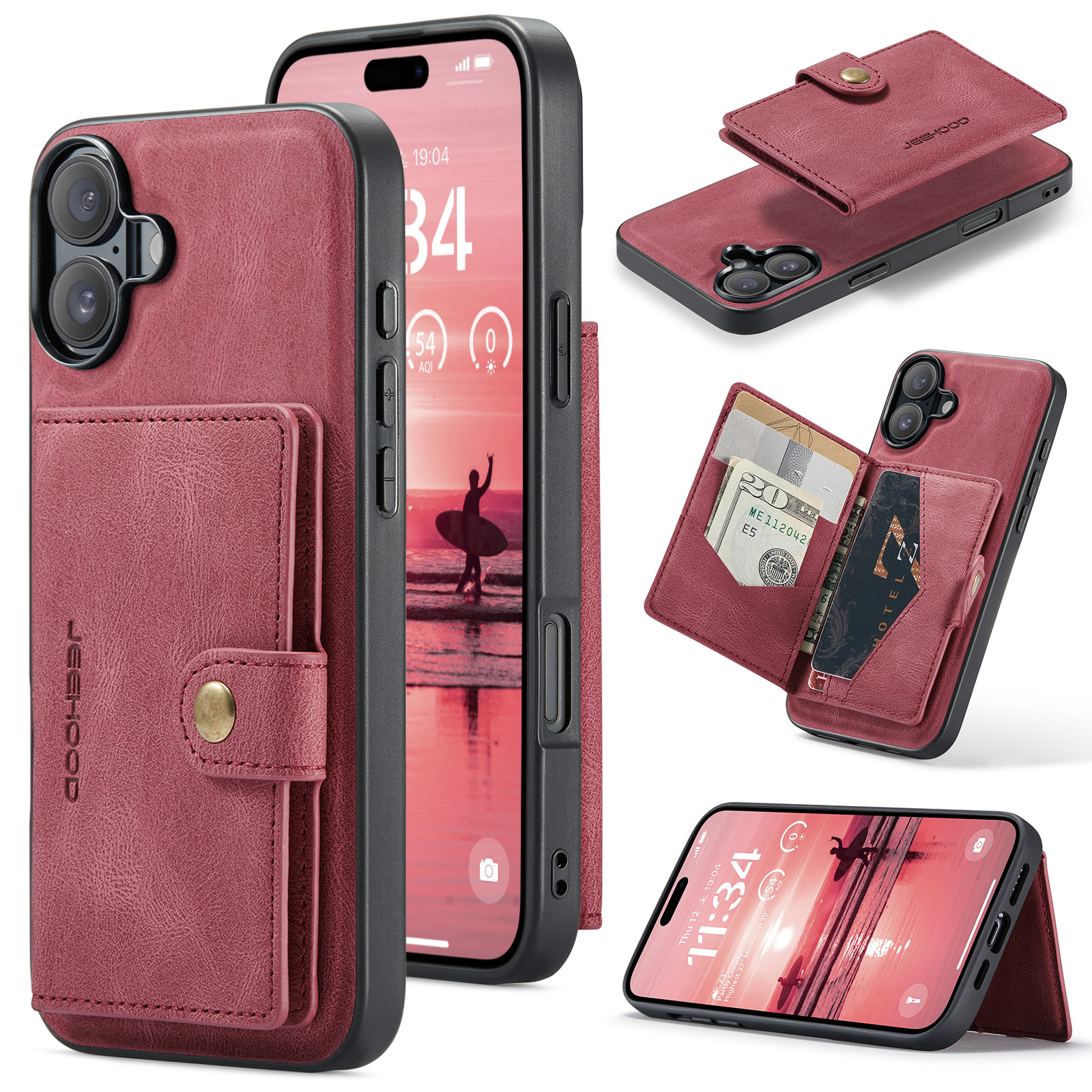 CaseMe - Telefoonhoesje geschikt voor Apple iPhone 16 Plus - Back Cover - Met Magnetische Pasjeshouder - Rood afbeelding
