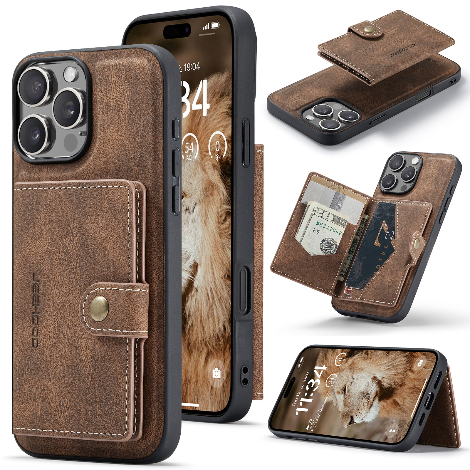 CaseMe - Telefoonhoesje geschikt voor Apple iPhone 16 Pro - Back Cover - Met Magnetische Pasjeshouder - Donker Bruin afbeelding