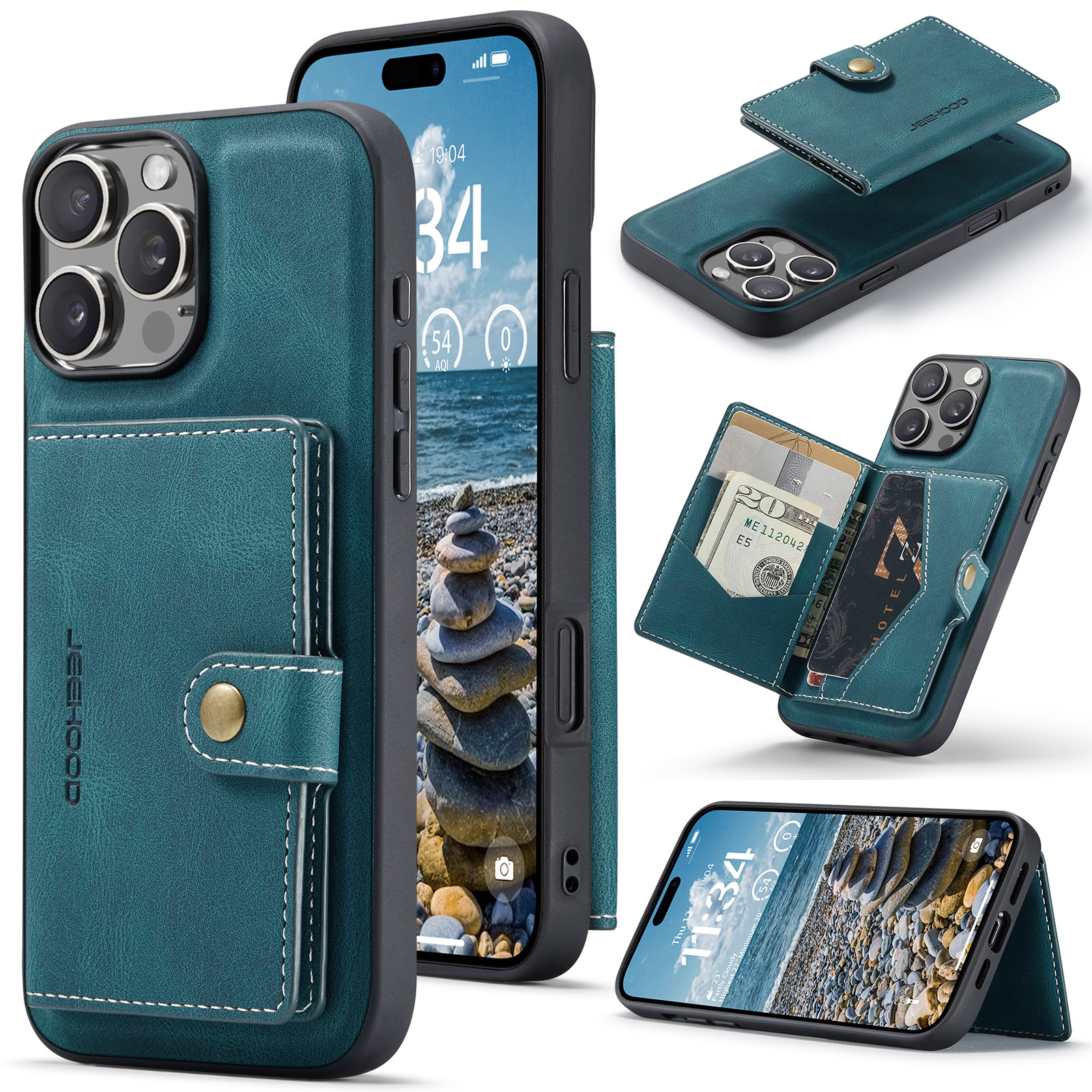 CaseMe - Telefoonhoesje geschikt voor Apple iPhone 16 Pro Max - Back Cover - Met Magnetische Pasjeshouder - Blauw afbeelding