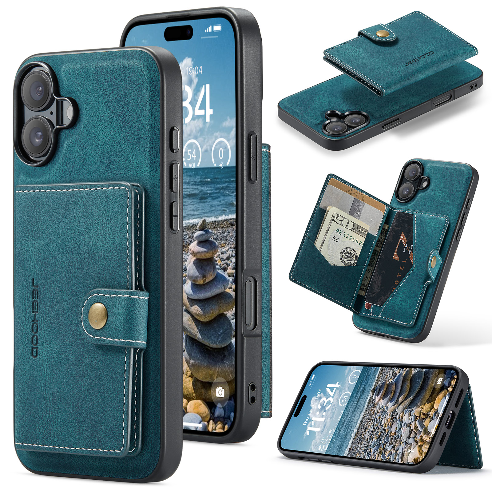 CaseMe - Telefoonhoesje geschikt voor Apple iPhone 16 Plus - Back Cover - Met Magnetische Pasjeshouder - Blauw afbeelding