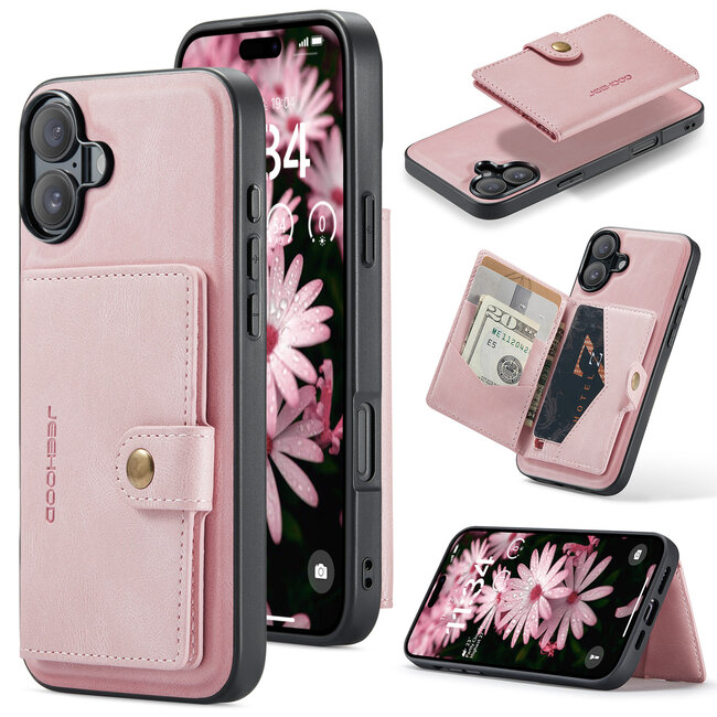 CaseMe - Telefoonhoesje geschikt voor Apple iPhone 16 - Back Cover - Met Magnetische Pasjeshouder - Roze