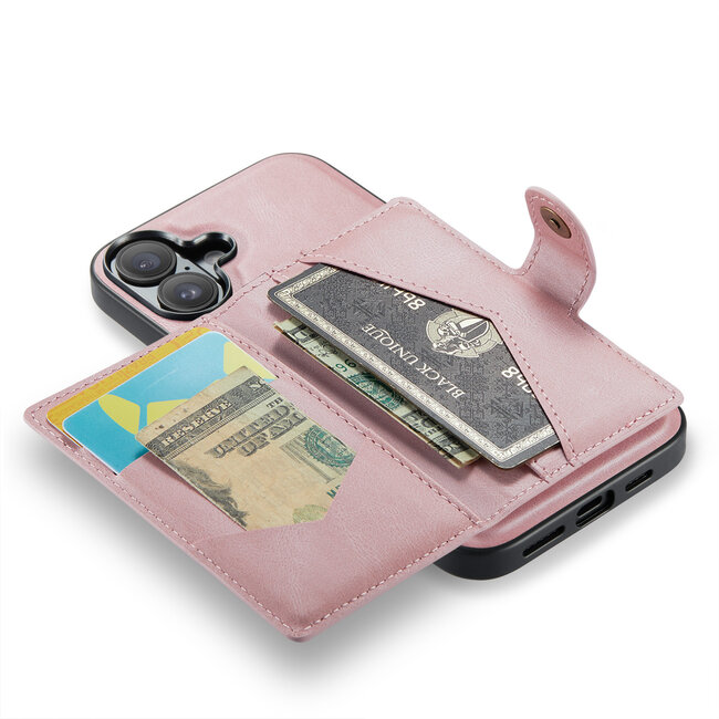 CaseMe - Telefoonhoesje geschikt voor Apple iPhone 16 - Back Cover - Met Magnetische Pasjeshouder - Roze