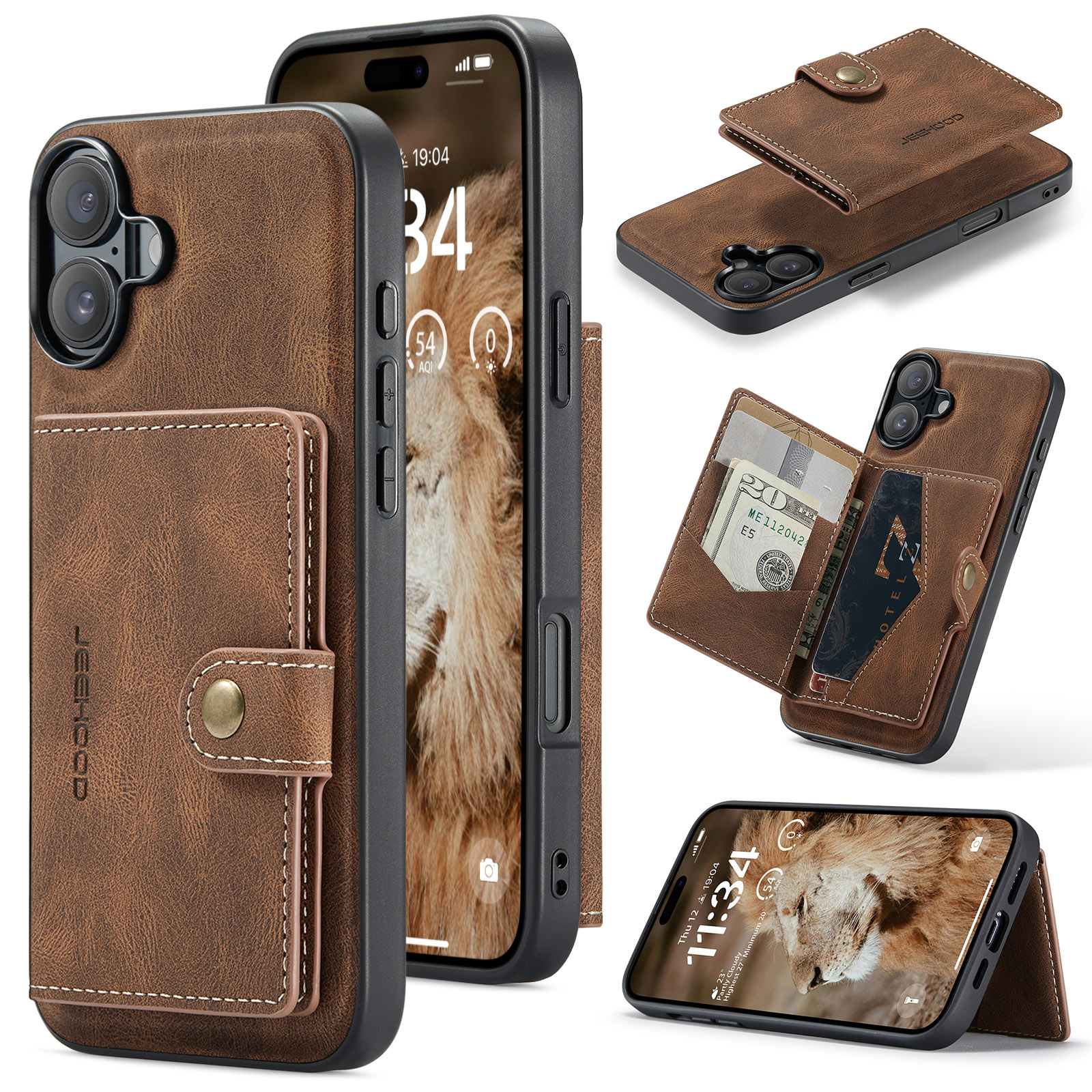 CaseMe - Telefoonhoesje geschikt voor Apple iPhone 16 Plus - Back Cover - Met Magnetische Pasjeshouder - Donker Bruin afbeelding