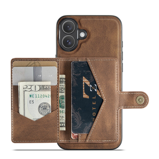 CaseMe - Telefoonhoesje geschikt voor Apple iPhone 16 Plus - Back Cover - Met Magnetische Pasjeshouder - Donker Bruin