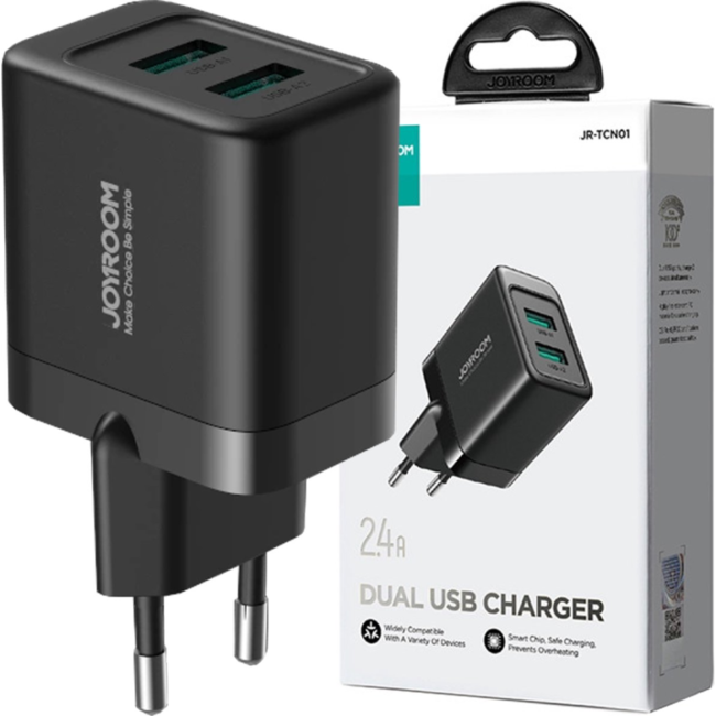 Joyroom - Adapter USB - Oplader USB - 2 Poorten USB-A - Snellader 12W - Zwart