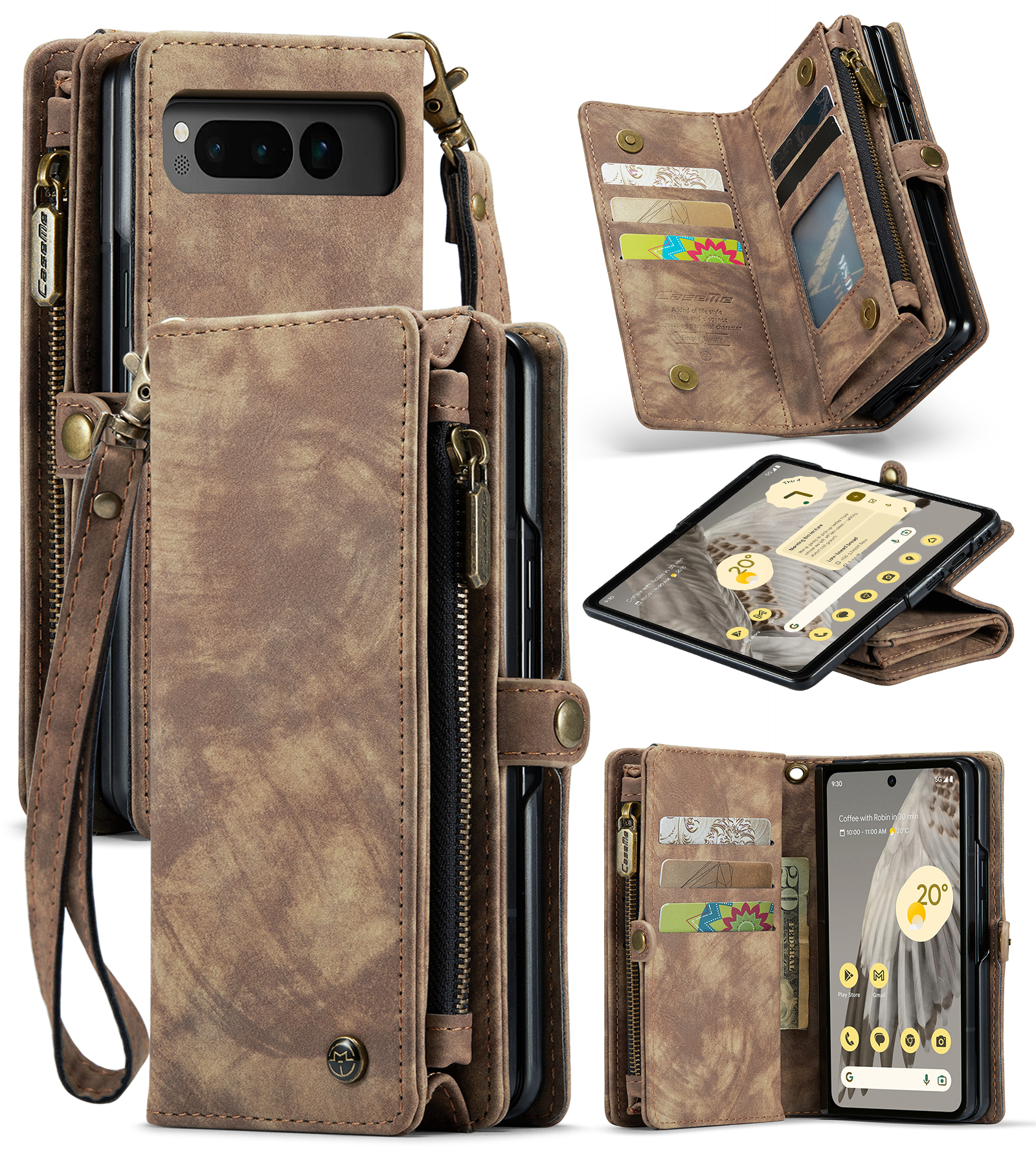 CaseMe - Telefoonhoesje geschikt voor Google Pixel Fold - 2 in 1 Book Case en Back Cover - Bruin afbeelding