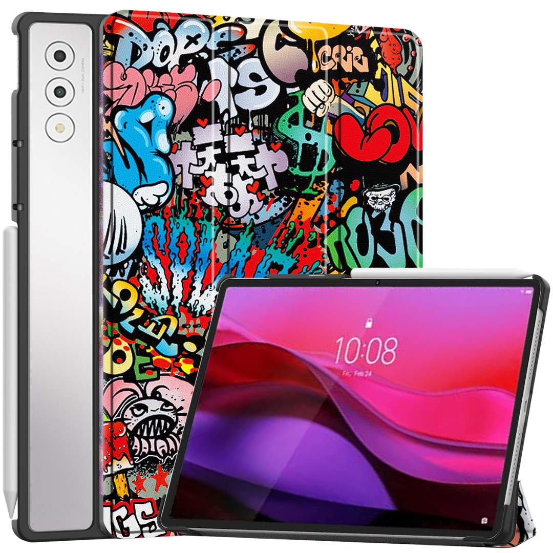 Case2go - Tablet hoes geschikt voor Lenovo Yoga Tab Plus (2025) - 12.7 Inch - Tri-Fold Book Case - Auto/Wake functie - Grafitti afbeelding