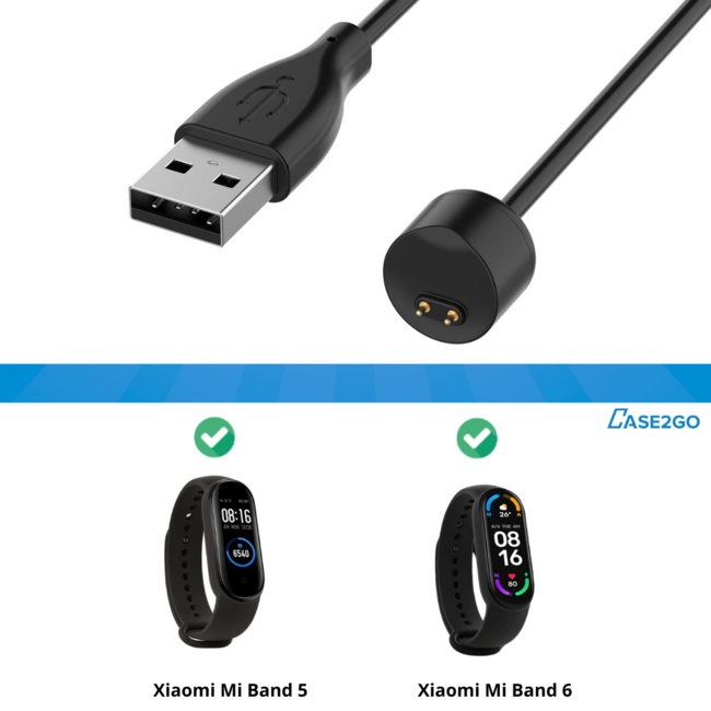 Case2go - Oplaadkabel geschikt voor Xiaomi Mi Band 5/6 - USB-kabel - 0.50 meter - Zwart