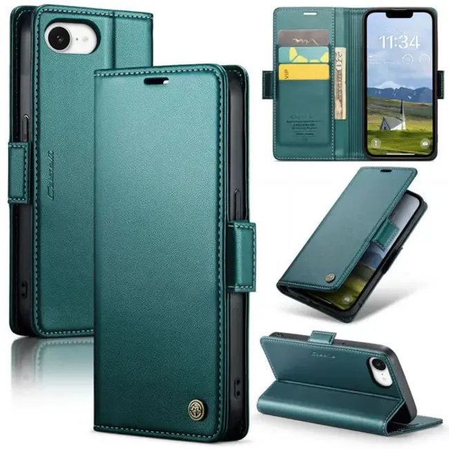CaseMe - Telefoonhoesje geschikt voor Apple iPhone 16E - Wallet Book Case - Met Magnetische Sluiting - Groen