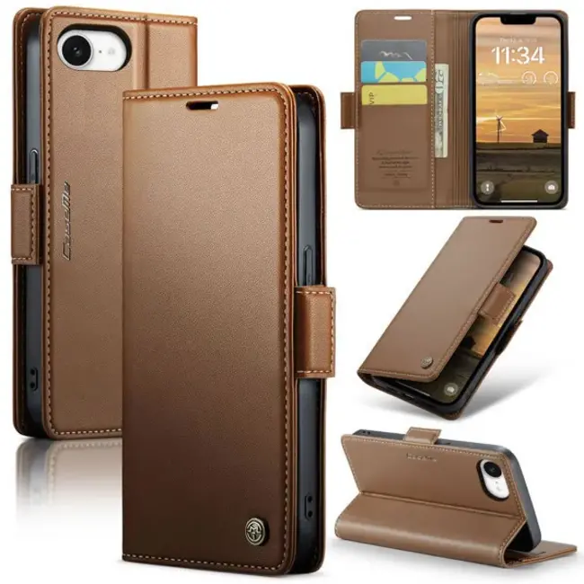 CaseMe - Telefoonhoesje geschikt voor Apple iPhone 16E - Wallet Book Case - Met Magnetische Sluiting - Bruin