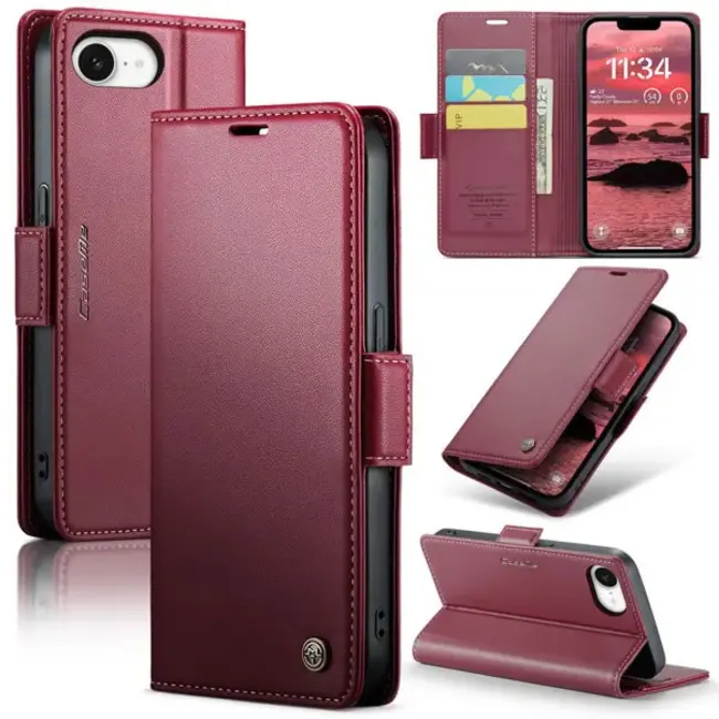 CaseMe - Telefoonhoesje geschikt voor Apple iPhone 16E - Wallet Book Case - Met Magnetische Sluiting - Rood