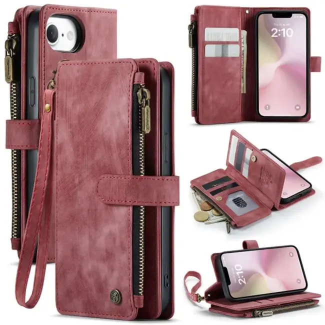 CaseMe - Hoesje geschikt voor Apple iPhone 16E - Vintage Wallet Book Case Ritssluiting - Met Magneetsluiting - Rood