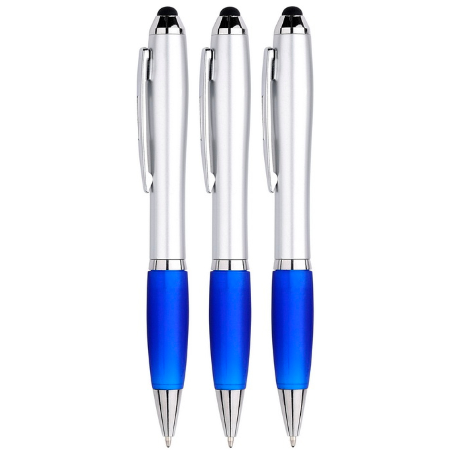 3 Pennen - Stylus en balpen in één - Geschikt voor Tablet / Smartphone - Universeel en met clip - Zilver / Blauw afbeelding