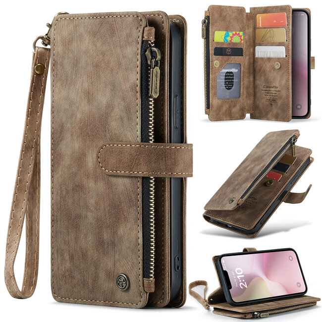 CaseMe - Hoesje geschikt voor Apple iPhone 16E - Vintage Wallet Book Case Ritssluiting - Met Magneetsluiting - Bruin